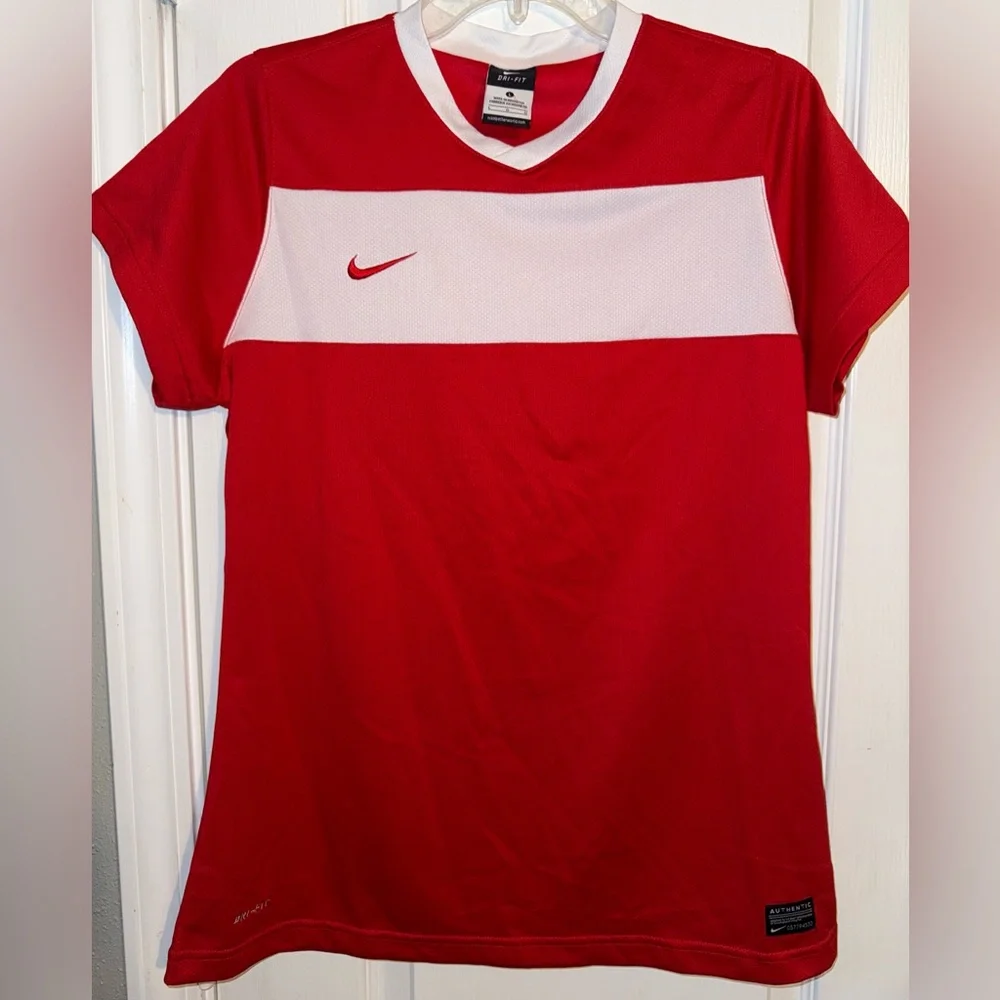 Nike Soccer Jersey Red White Dri-FIT Athletic Shirt Size L